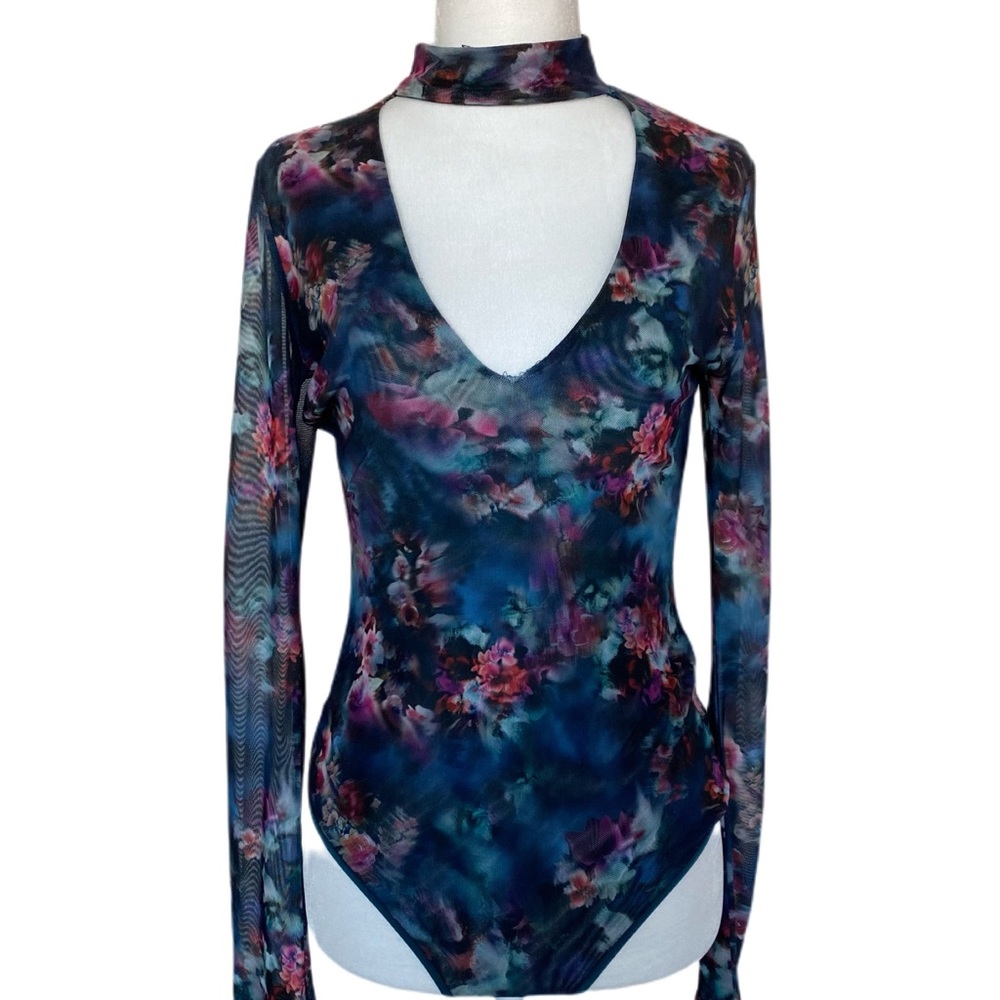 bebe Floral Sheer Arm Bodysuit with Choker Neckline